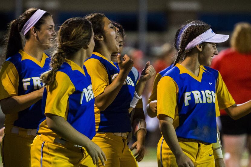 Frisco celebrates a 2-1 win after the second of a best-of-three UIL Class 5A regional...