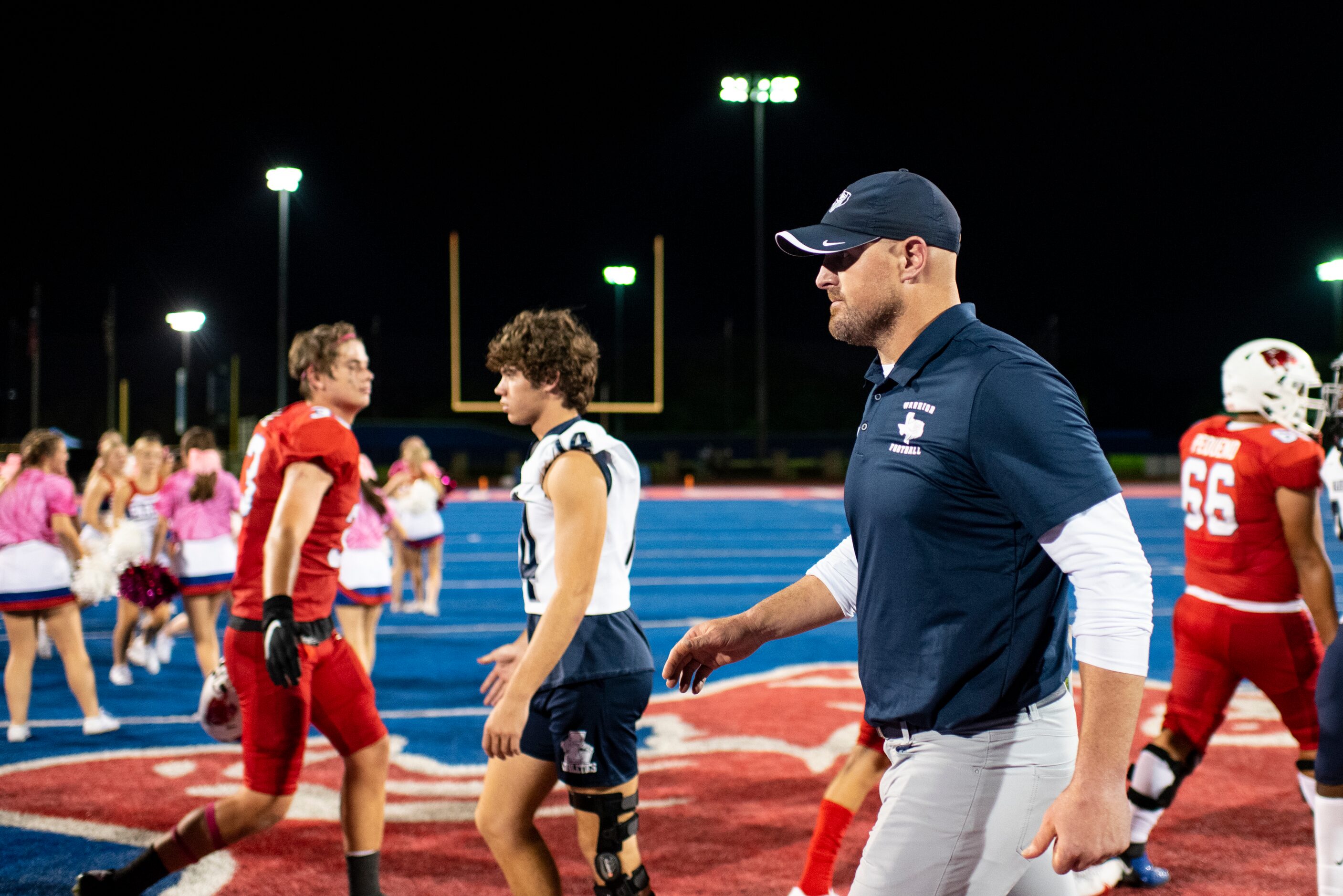 Argyle Liberty Christian Head Coach Jason Witten walks onto the field as the final buzzer...