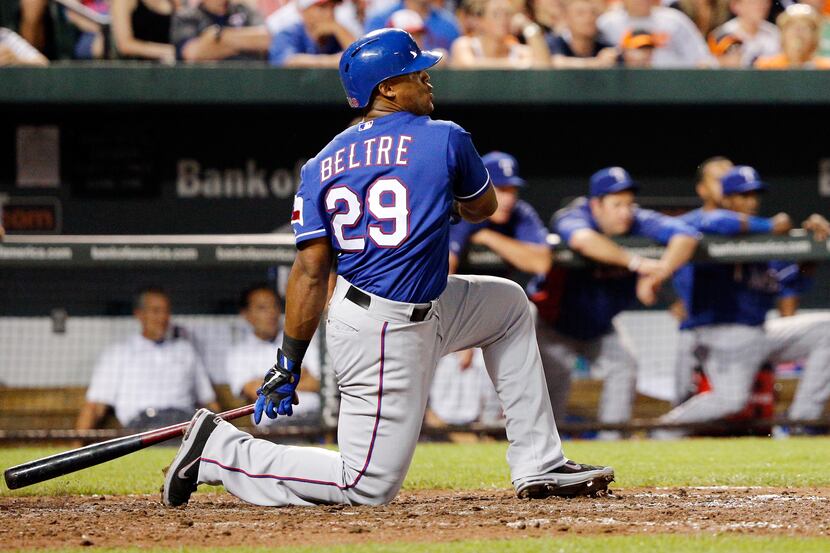 BALTIMORE, MD - JULY 08: Adrian Beltre #29 of the Texas Rangers follows his sixth inning...