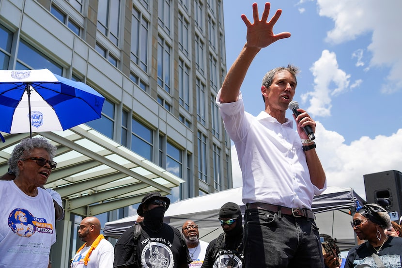 Democratic candidate for governor Beto O’Rourke addresses the crowd as Opal Lee (far left)...