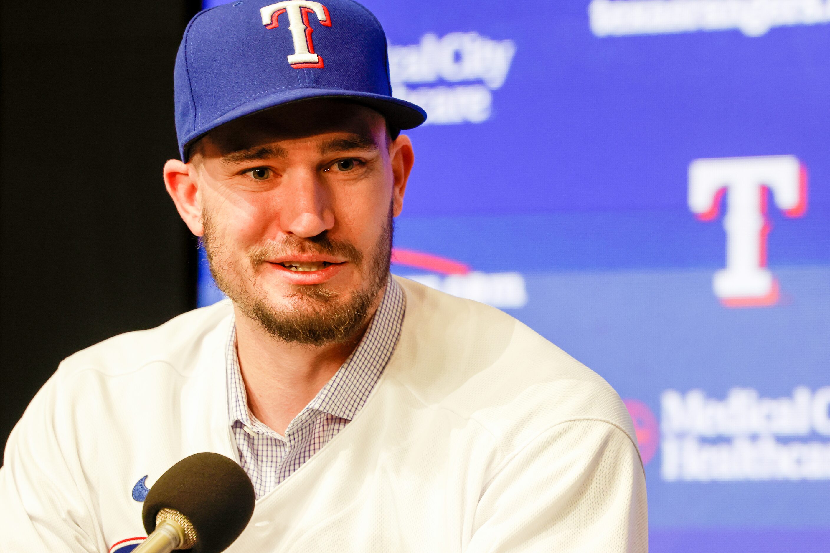 New Texas Rangers pitcher Andrew Heaney responds to media questions at Globe Life Field on...