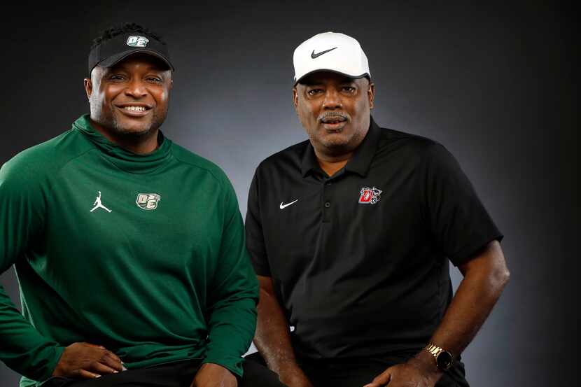 Dallas Morning News’ All-Area Co-Coaches of the Year, Claude Mathis of DeSoto (left) and...