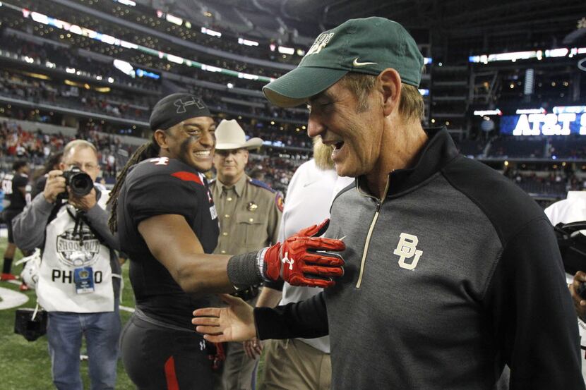 Texas Tech wide receiver Bradley Marquez (4) congratulates Baylor head coach Art Briles...