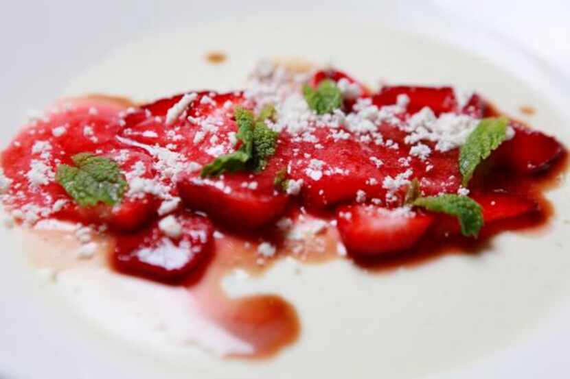 
Buttermilk panna cotta with macerated strawberries, strawberry granita and brown butter
