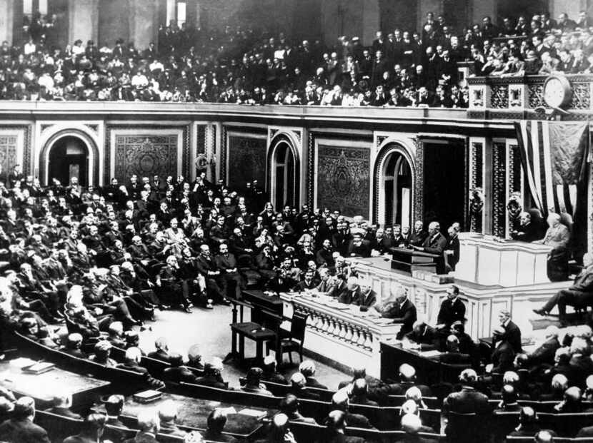 President Woodrow Wilson delivers a speech to a joint session of Congress on April 2, 1917.