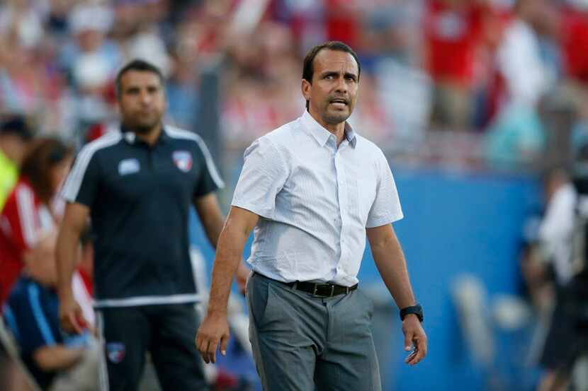 Jul 18, 2015; Dallas, TX, USA; FC Dallas head coach Oscar Pareja directs his team during the...