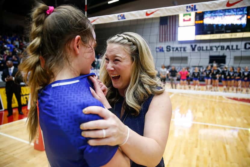 Trophy Club Byron Nelson's Paige Flickinger (8) and coach  Brianne Barker-Groth celebrate...