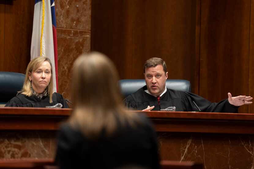 Justices Jane Bland and Jeff Boyd of The Supreme Court of Texas hear oral arguments from...