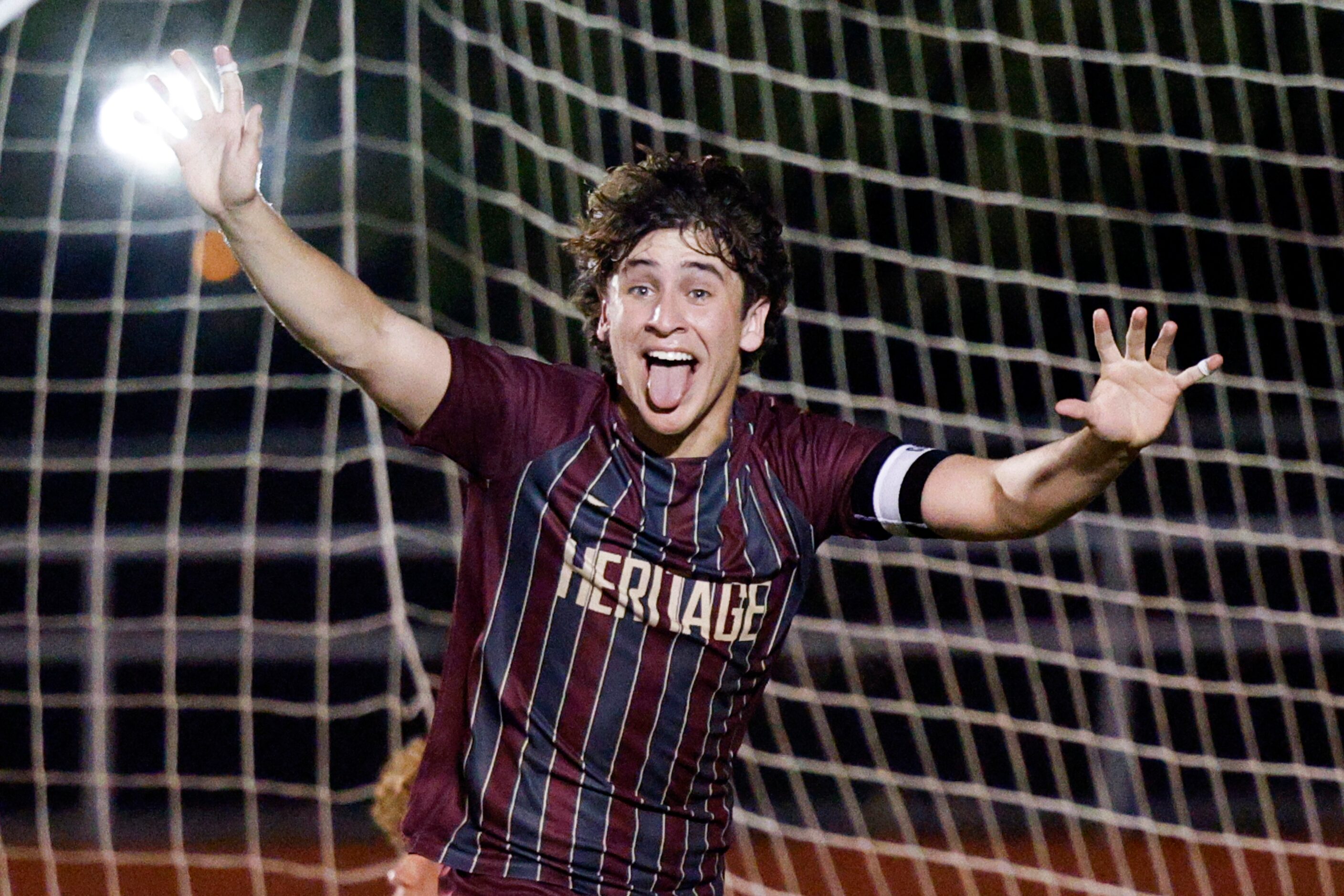 Frisco Heritage forward Omar Solorzano (7) celebrates after scoring a goal during the second...