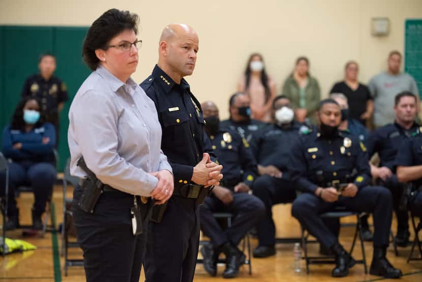 Dallas police Lt. Carrie Wise, left, and Dallas police Chief Eddie Garcia listened to...