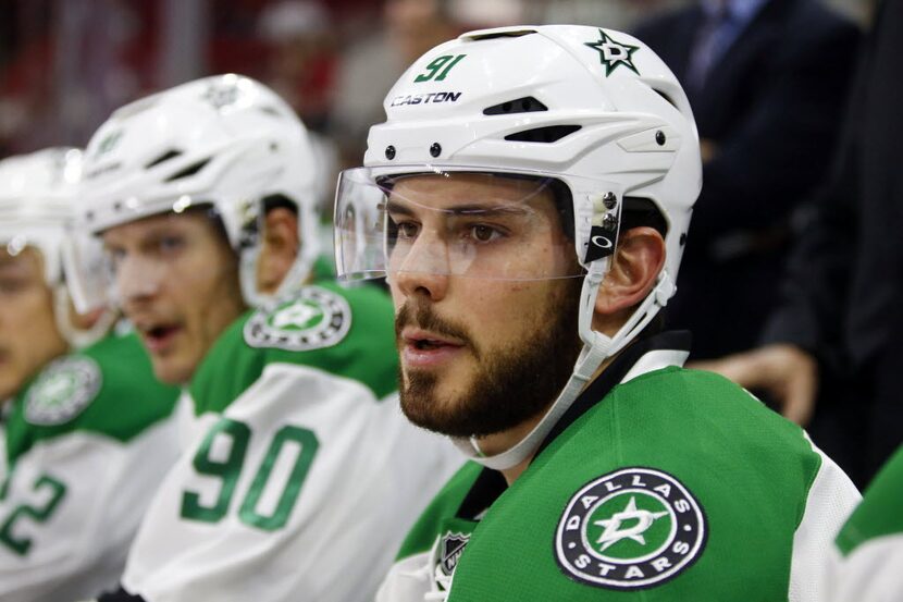 Nov 6, 2015; Raleigh, NC, USA;  Dallas Stars forward Tyler Seguin (91) looks on from the...