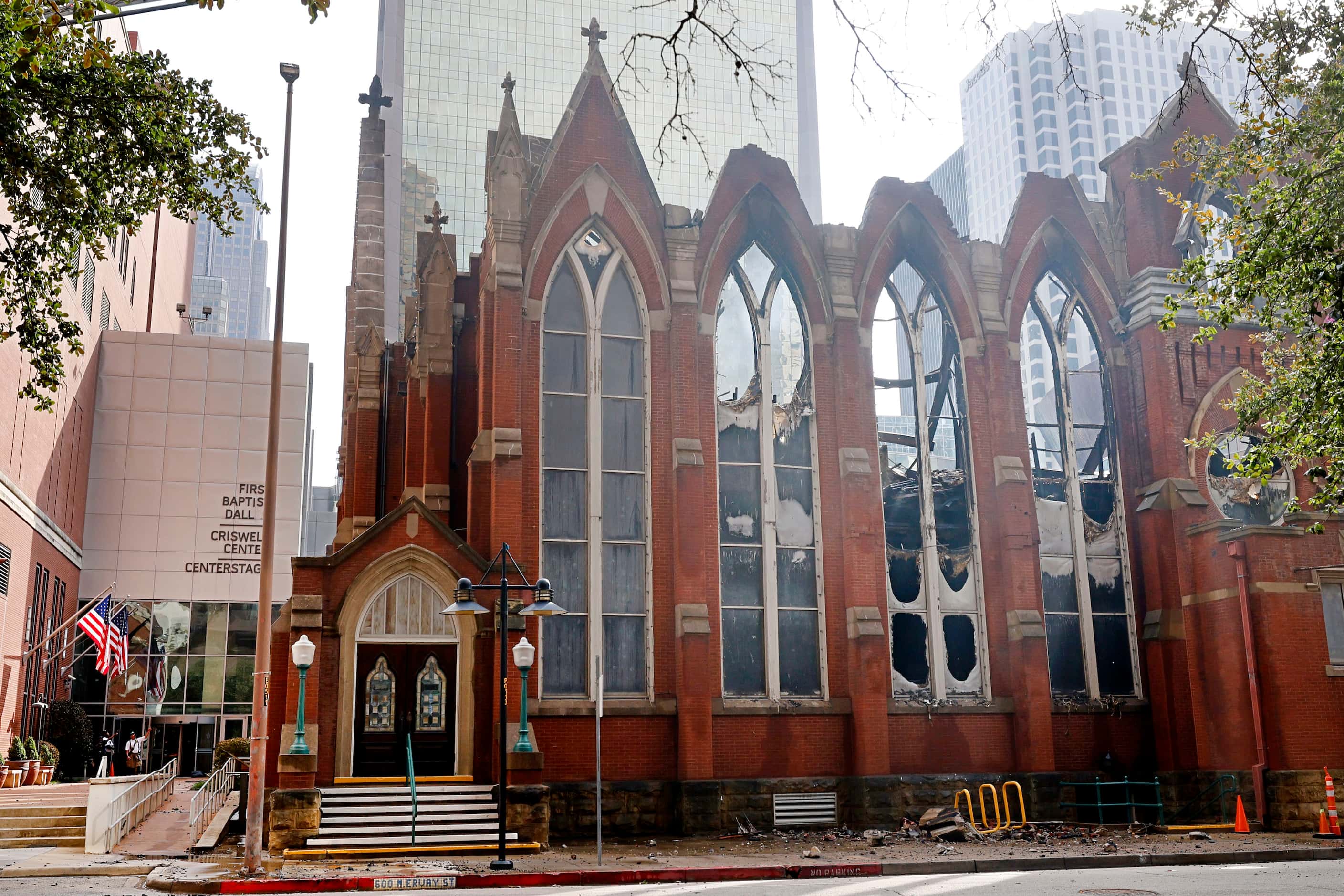 First Baptist Dallas church is seen, Saturday, July 20, 2024, after a fire early Friday...
