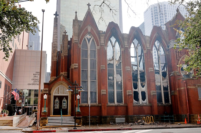 First Baptist Dallas church is seen, Saturday, July 20, 2024, after a fire early Friday...