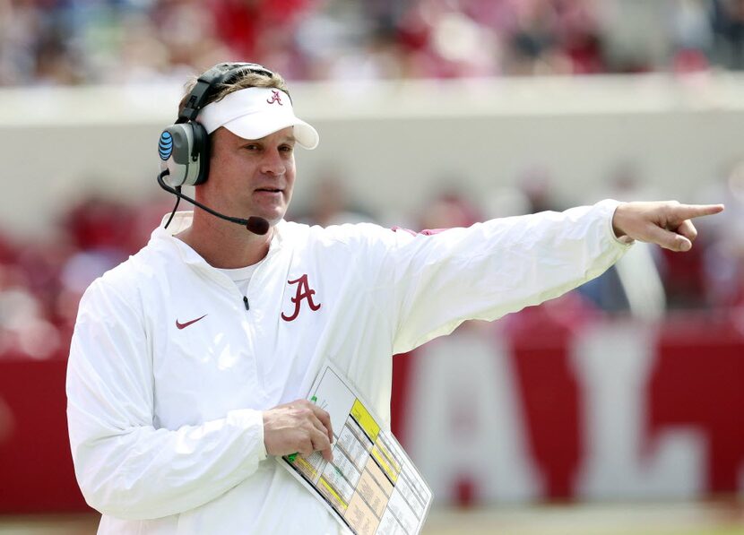 Apr 16, 2016; Tuscaloosa, AL, USA; Alabama Crimson Tide offensive coordinator Lane Kiffin...