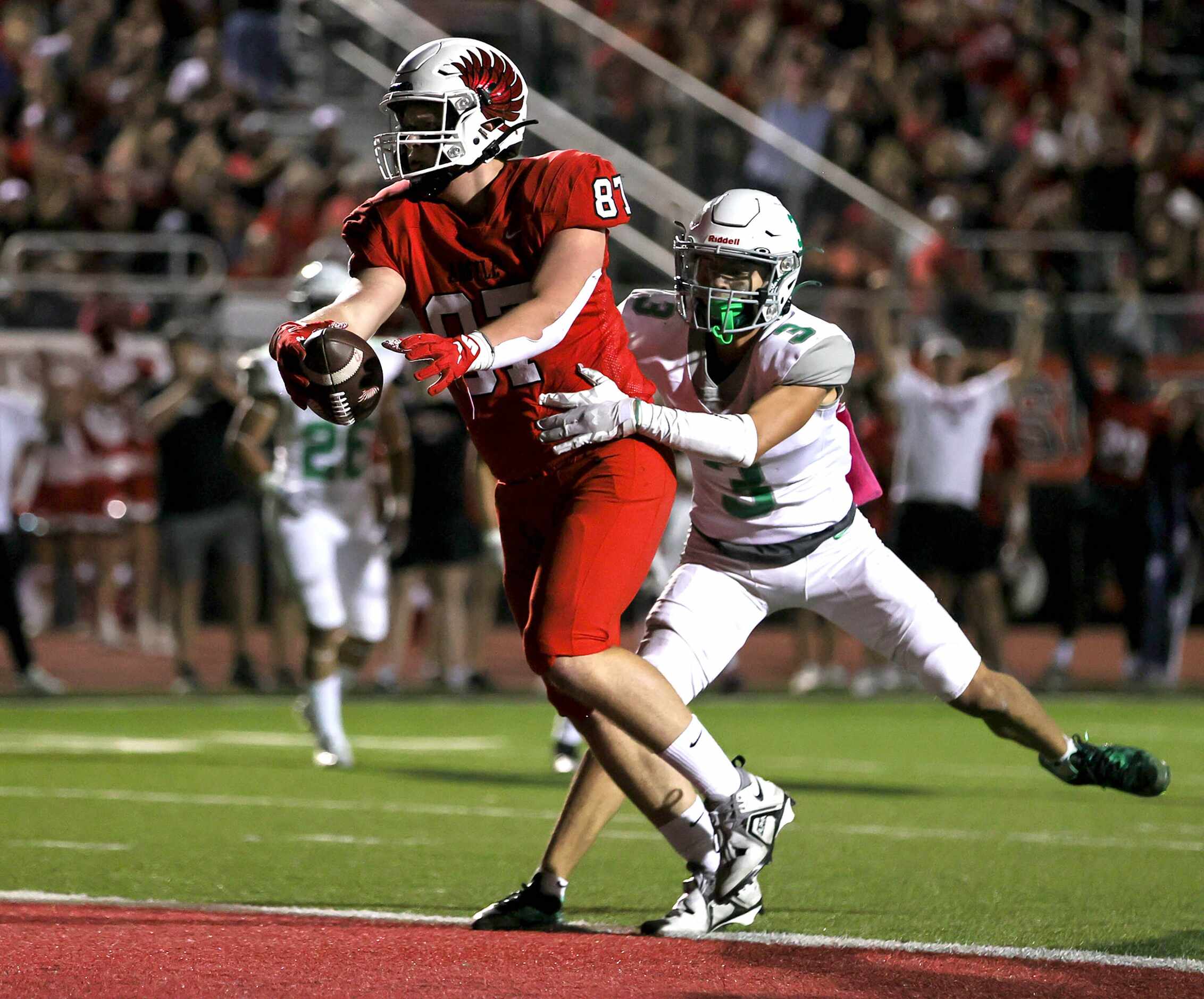 Argyle tight end Hunter McFaul (87) gets into the endzone for a touchdown reception against...