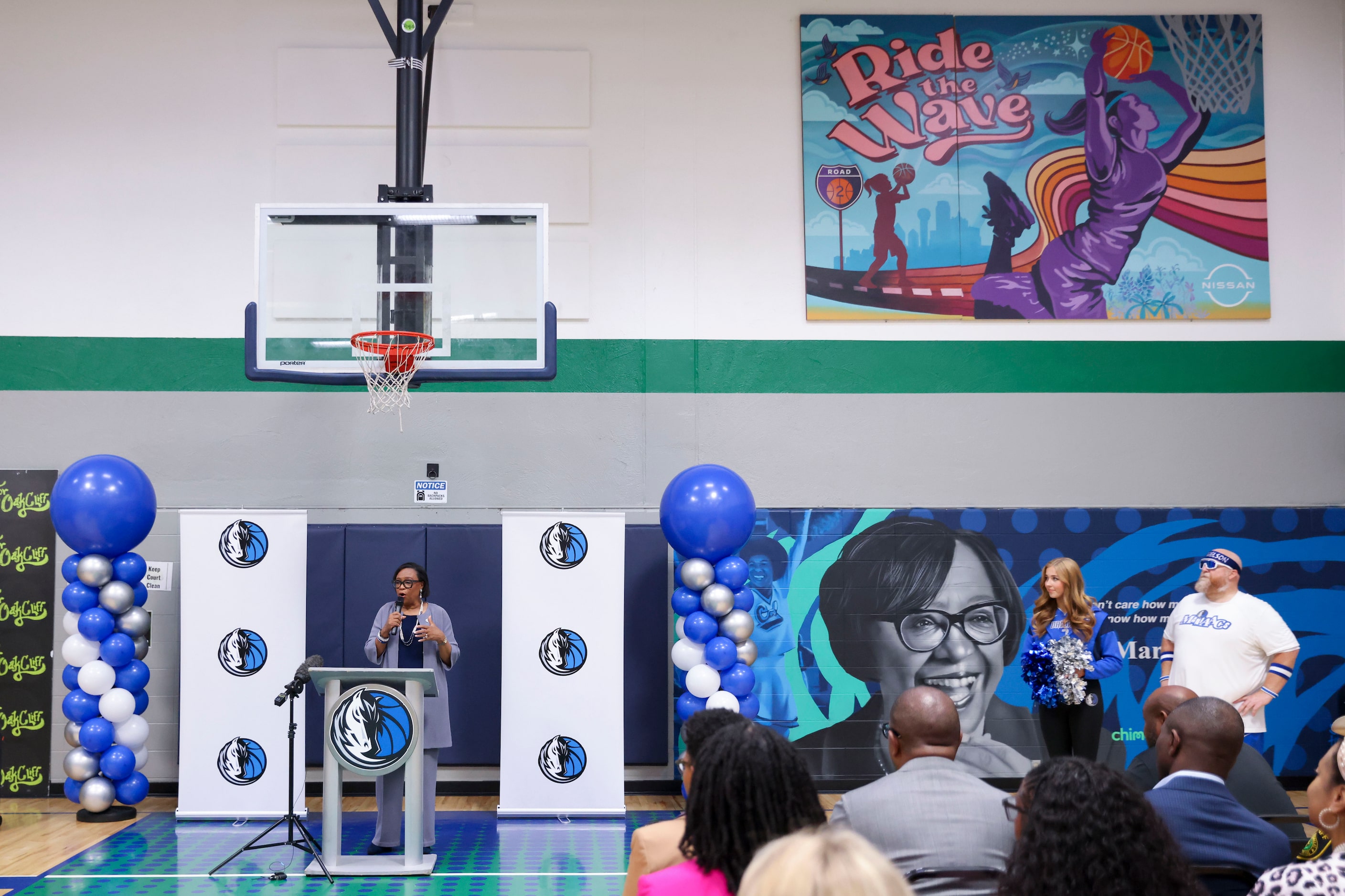 Dallas Mavericks CEO Cynthia Marshall share her remarks during a tour of the For Oak Cliff...