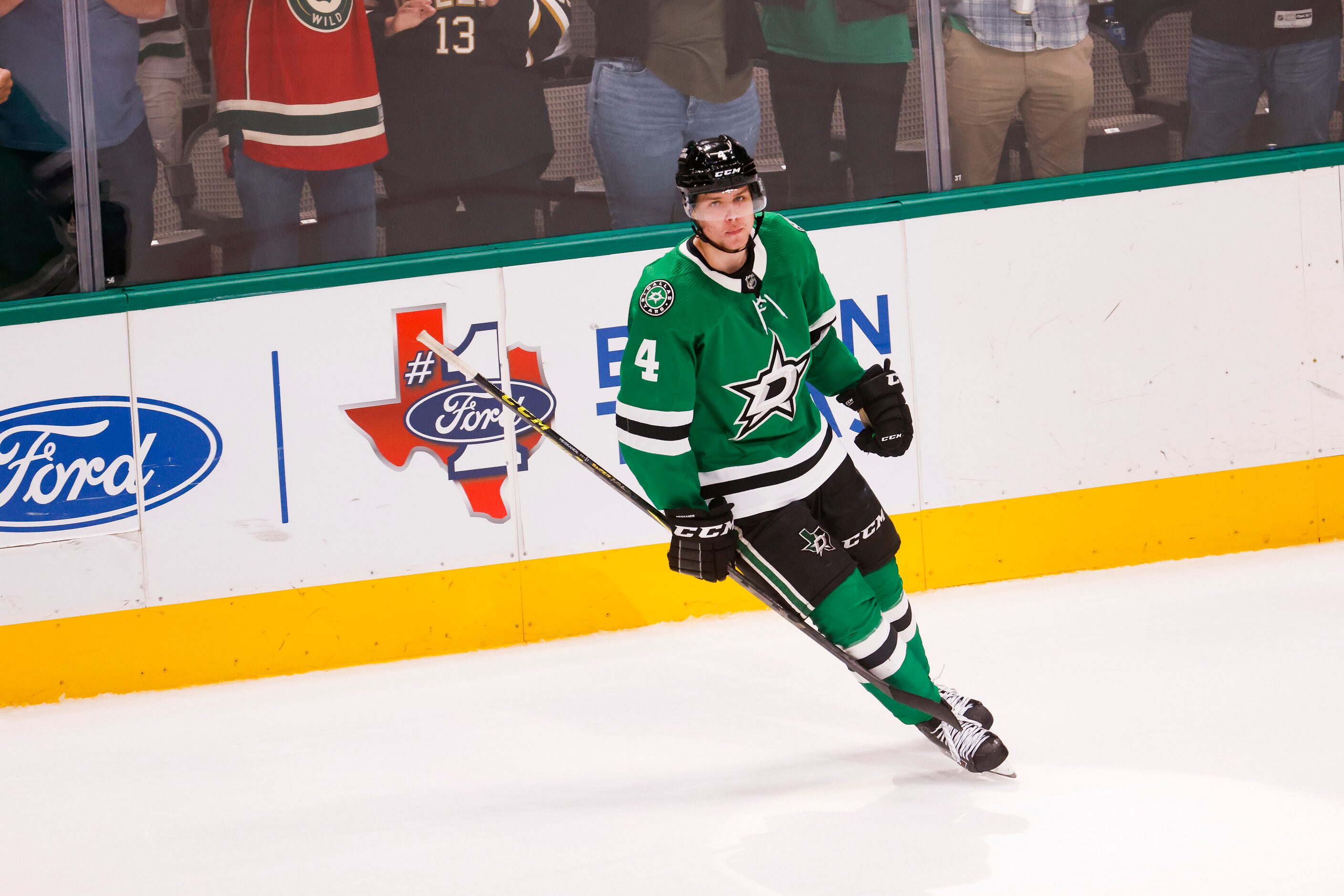 Dallas Stars defenseman Miro Heiskanen (4) skates away after scoring during the shootout...