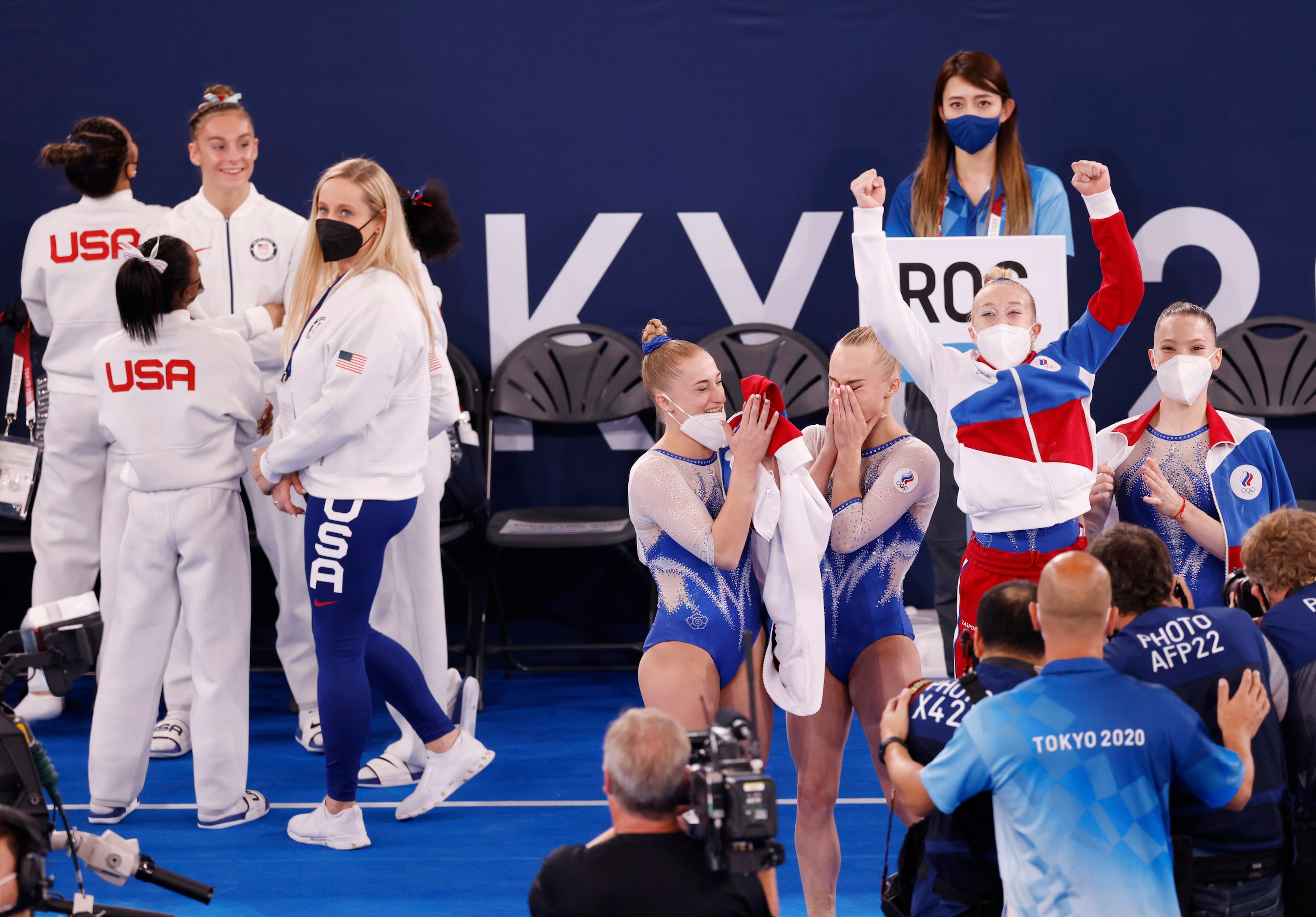 Team USA watches as ROC celebrates winning gold during the artistic gymnastics women’s team...