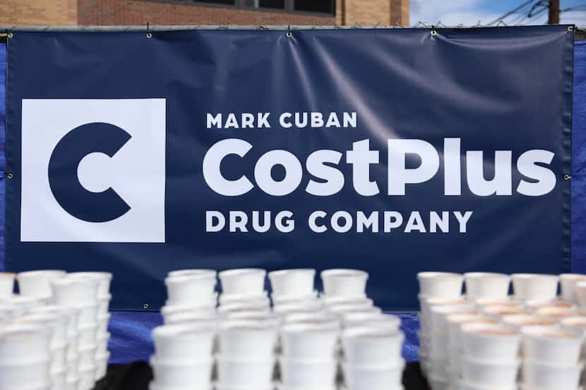 The logo for the Mark Cuban Cost Plus Drug Co. sat behind prepared lunches for construction...
