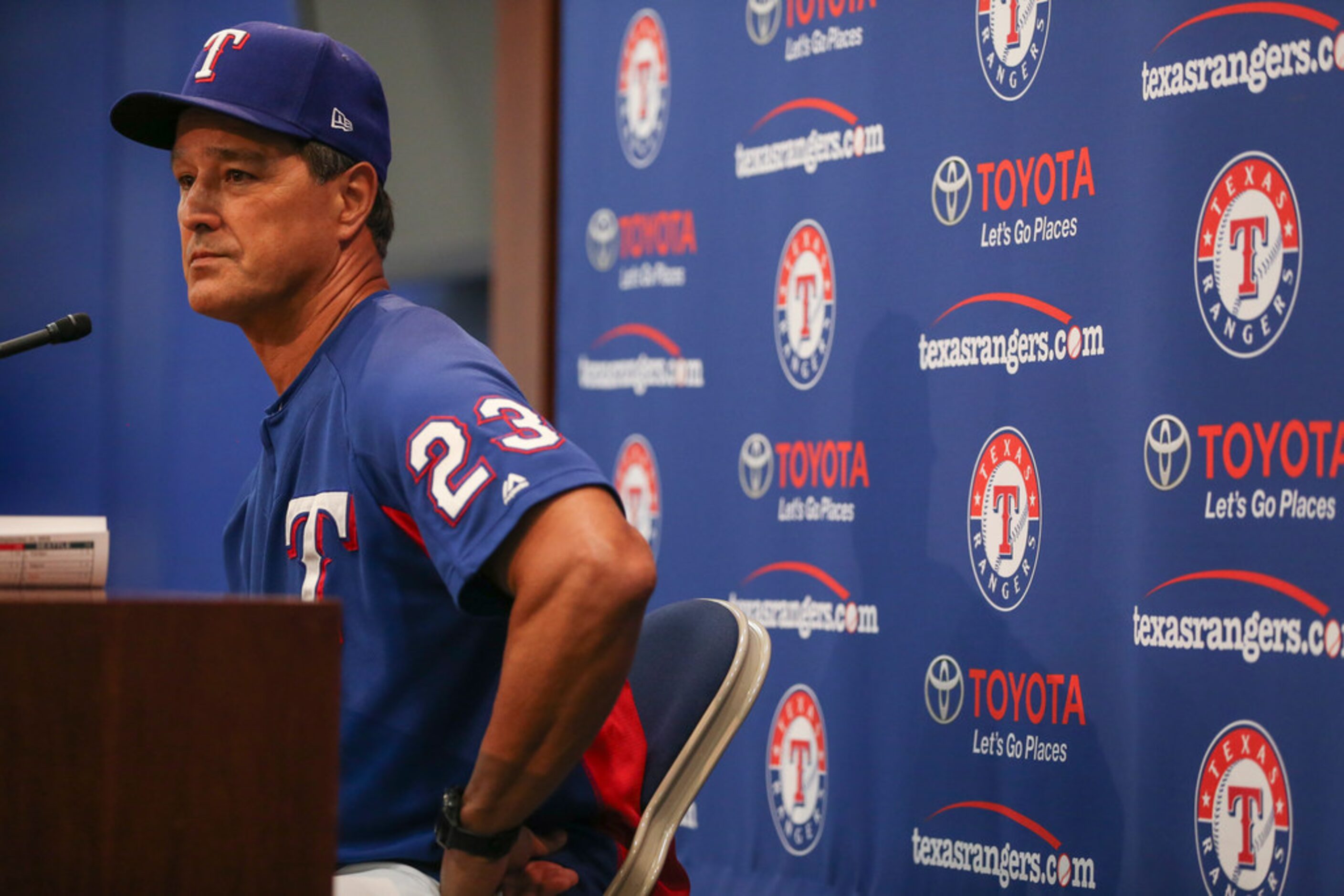 Don Wakamatsu, who has been named interim manager of the Texas Rangers, addresses members of...