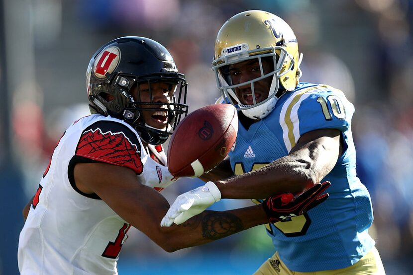 PASADENA, CA - OCTOBER 22:  Fabian Moreau #10 of the UCLA Bruins breaks up a pass intended...