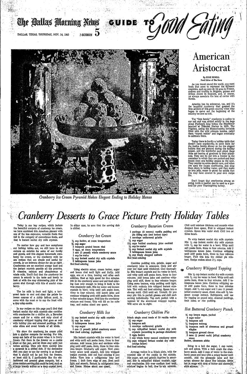 The Dallas Morning News published a spread of cranberry recipes on Nov. 14, 1963, one of...