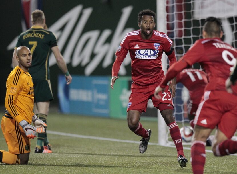 FC Dallas defender/midfielder Kellyn Acosta (23) celebrates a goal as Portland Timbers...