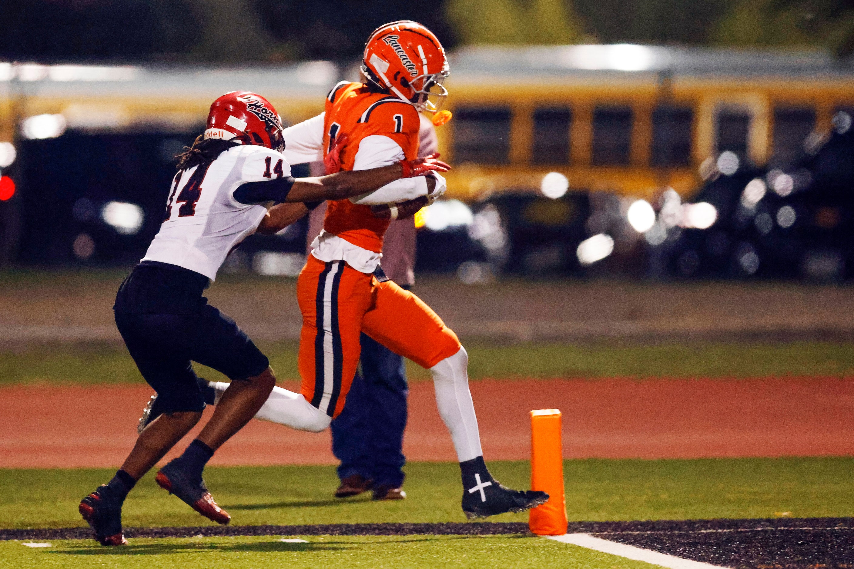 Lancaster wide receiver Emmanuel Choice (1) crosses the goal line after a catch for a 56...