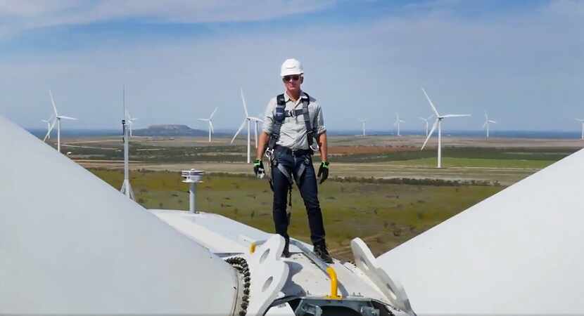 Amazon chief executive Jeff Bezos christened the new 253-megawatt Amazon Wind Farm Texas in...