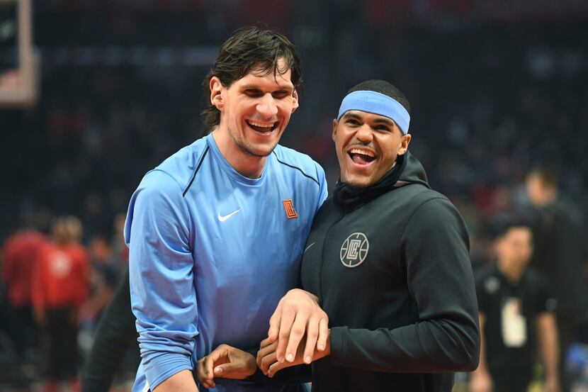 FILE - Los Angeles Clippers center Boban Marjanovic, of Serbia, left, and forward Tobias...