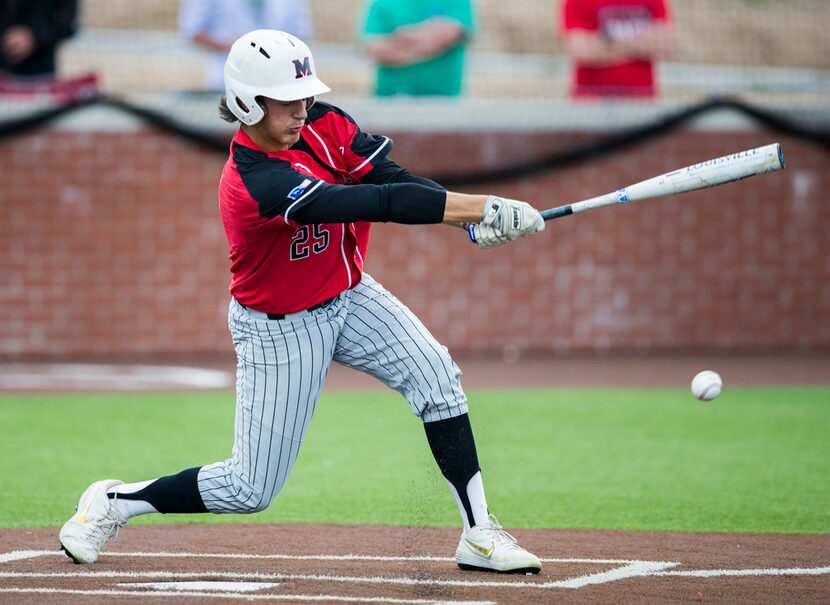 Flower Mound Marcus' Tyler Schott (25) hits a grounder during the first inning of Game 2 of...