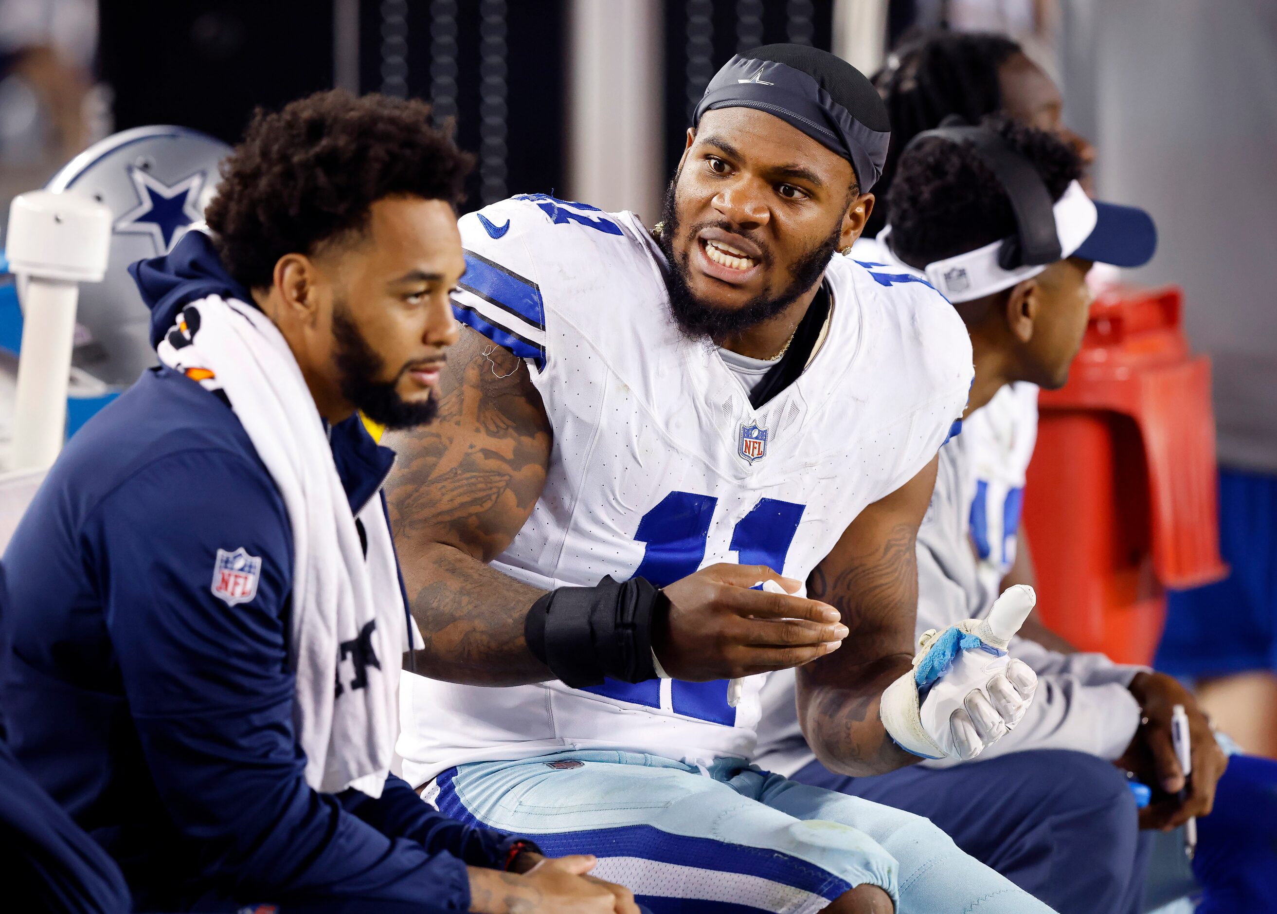 Dallas Cowboys linebacker Micah Parsons (11) sits on the bench during the fourth quarter of...