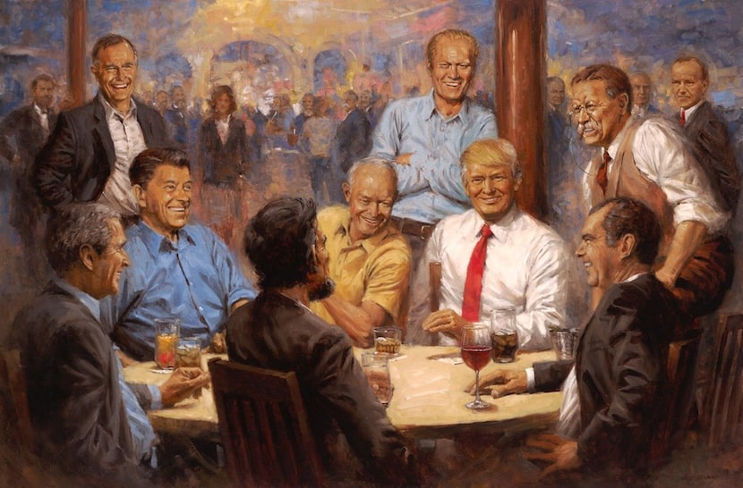 In an image provided by Andy Thomas, a painting shows President Donald Trump sitting among...