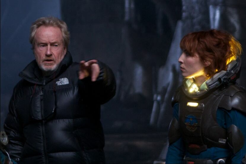 Ridley Scott directs Noomi Rapace on the set of Prometheus. 