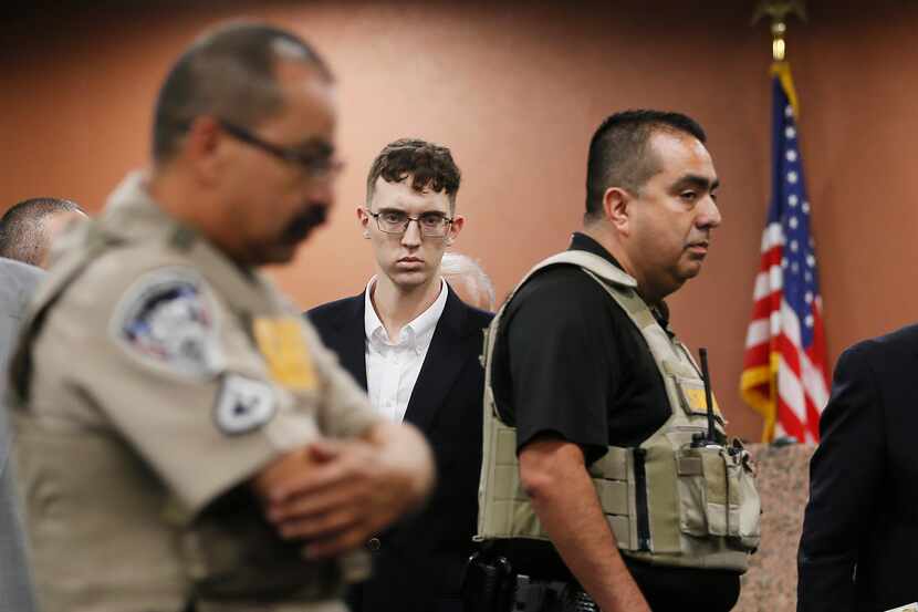 FILE - El Paso Walmart shooting suspect Patrick Crusius pleads not guilty during his...