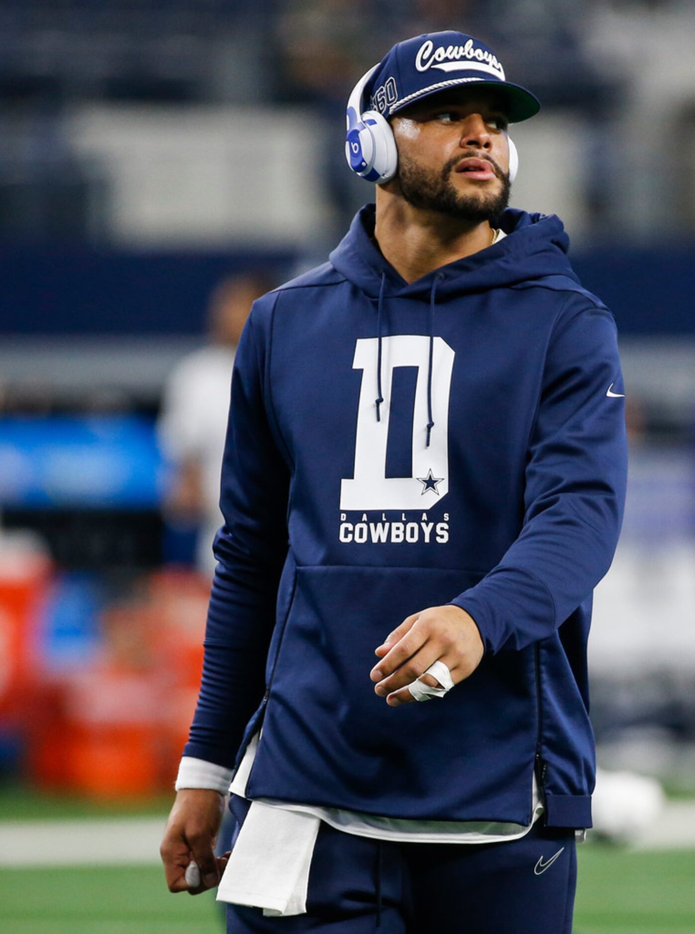 Dallas Cowboys quarterback Dak Prescott (4) warms up prior to an NFL matchup between the...