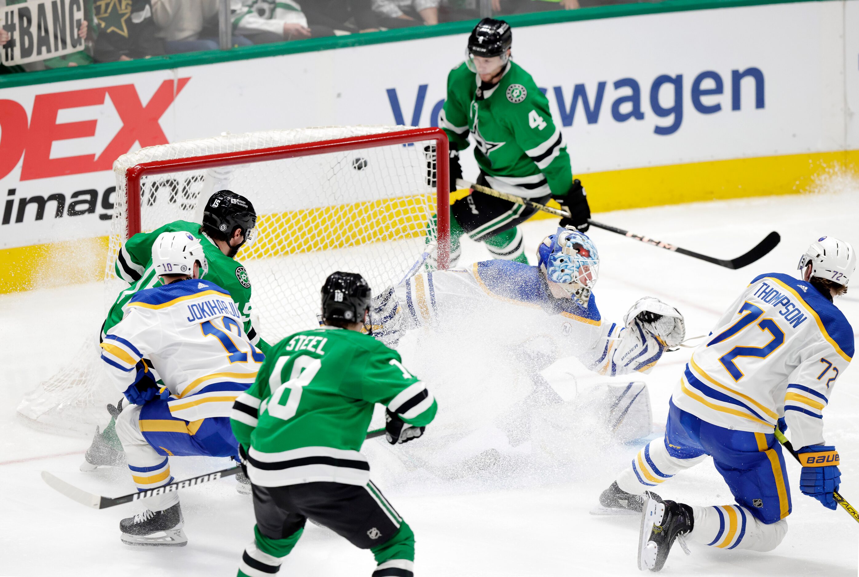 A Dallas Stars shoot sails wide of Buffalo Sabres goaltender Ukko-Pekka Luukkonen (1) during...