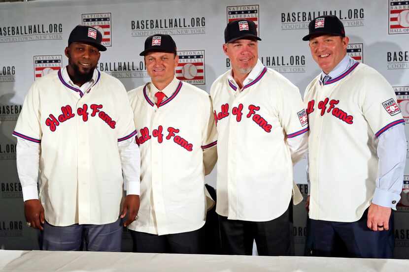 FILE - In this Jan. 25, 2018, file photo, Baseball Hall of Fame inductees, from left,...