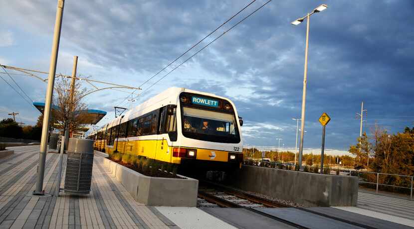 A DART train departs UNT Dallas Station on the Blue Line in southern Dallas on Monday,...