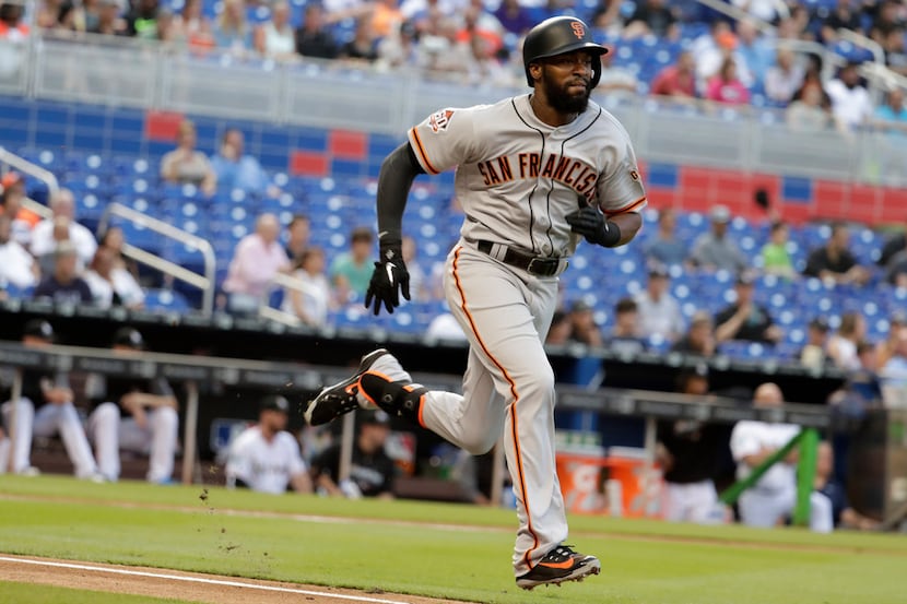 San Francisco Giants' Austin Jackson runs the bases during the first inning of a baseball...