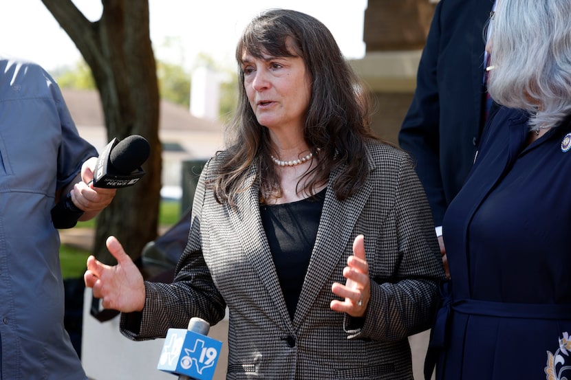 Robert Roberson’s attorney Gretchen Sims Sween speaks during a news conference in front of...