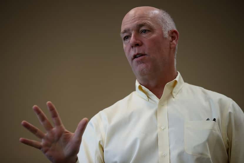 Republican congressional candidate Greg Gianforte speaks to supporters during a campaign...