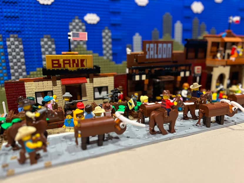 A close-up view of his Lego model of the Fort Worth Stockyards.
