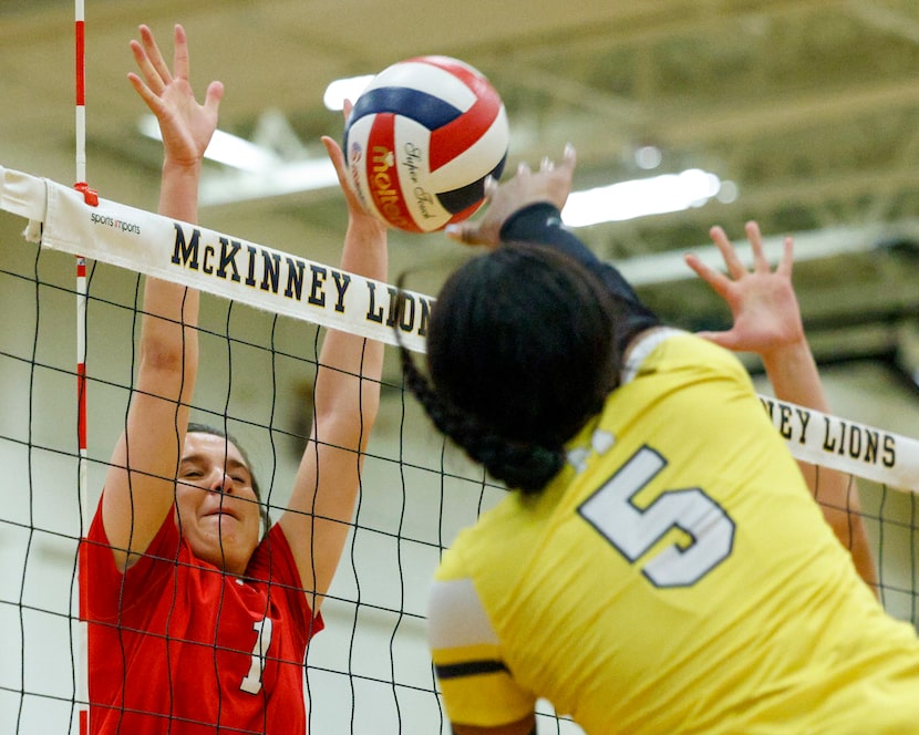 McKinney’s Aniya Garman (5) hits a shot into the block of McKinney Boyd’s Carson Eickenloff...