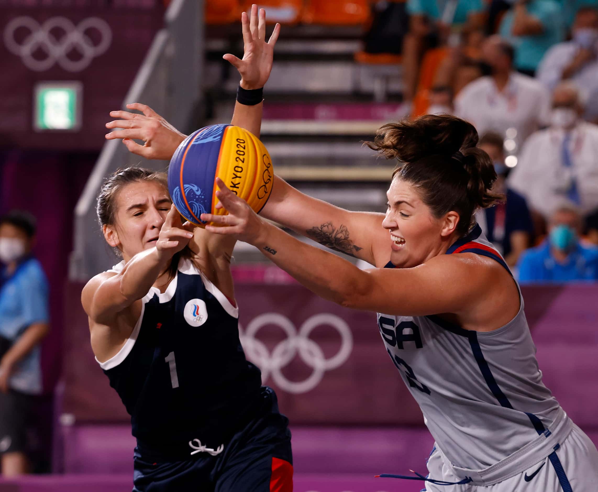 USA’s Stefanie Dolson (13) and ROC’s Yulia Kozik (1) go after a loose ball during the 3x3...