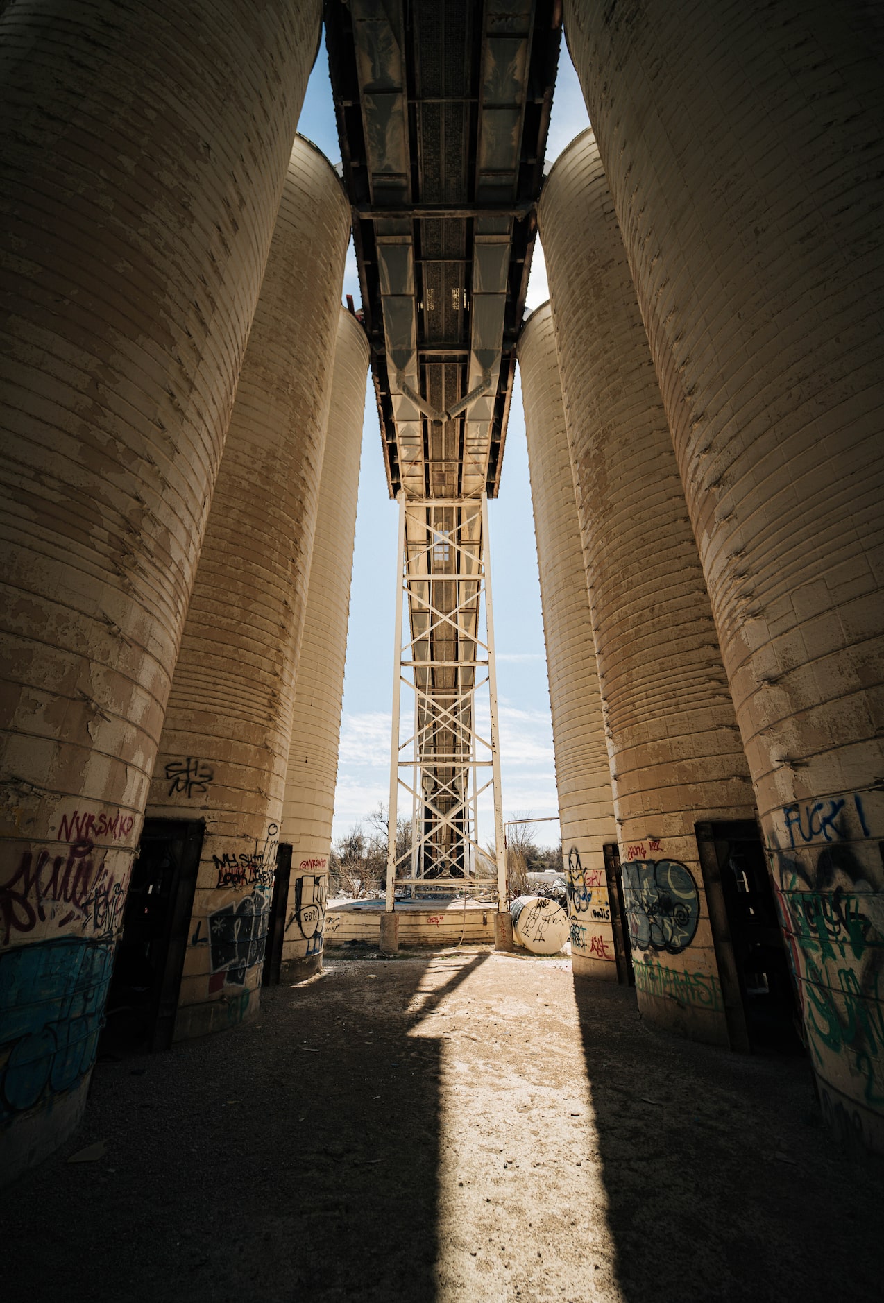 A series of abandoned silos in West Dallas.