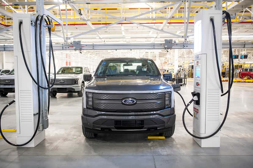 An assembled Ford F-150 Lightning is charged up at the Ford Rouge Electric Vehicle Center in...