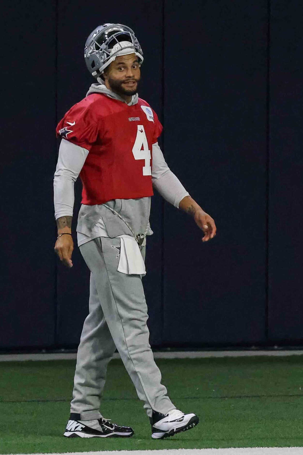 Cowboys' quarterback Dak Prescott #4 during practice at the Ford Center in Frisco on...