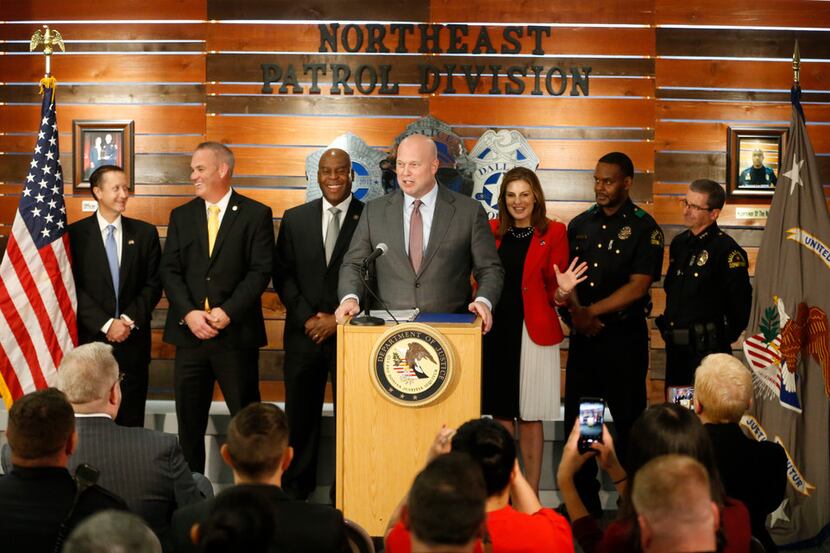 Acting Attorney General Matthew Whitaker spoke Wednesday at the Dallas Police Department's...
