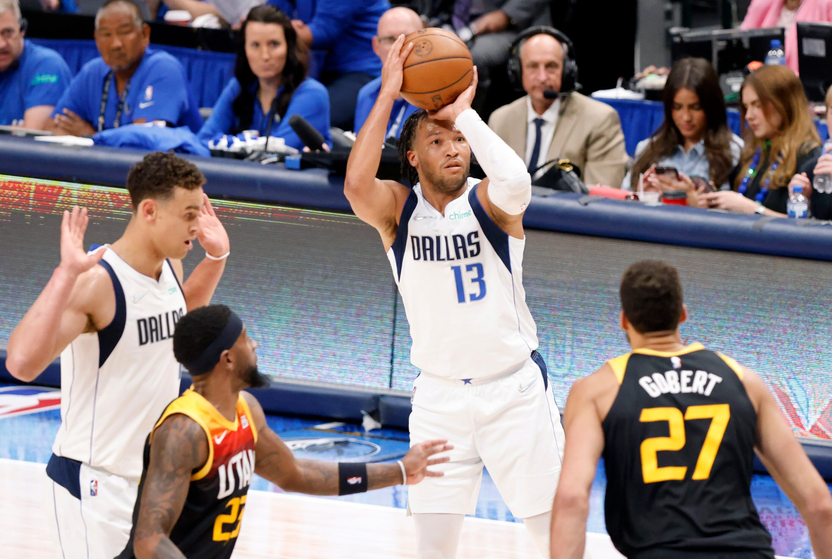 Dallas Mavericks guard Jalen Brunson (13) puts up a first quarter jumper against Utah Jazz...